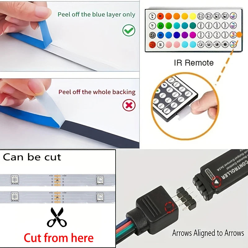 1 - 40M RGB LED Strip Lights Music Sync APP Control 44-Key Remote USB 5V Flexible Tape for Room TV Backlight