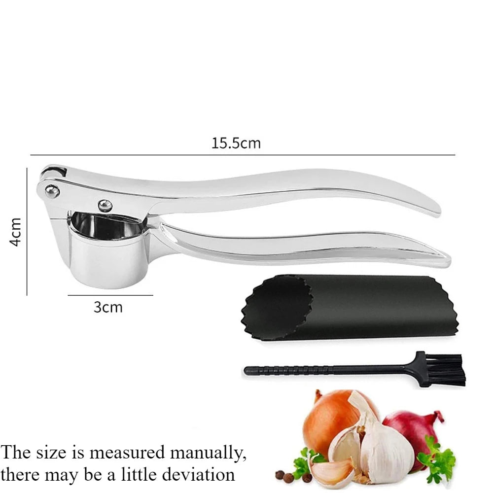 Stainless Steel Garlic Press Mincer with Peeler Cleaning Brush Ginger Tool Kitchen Gadget