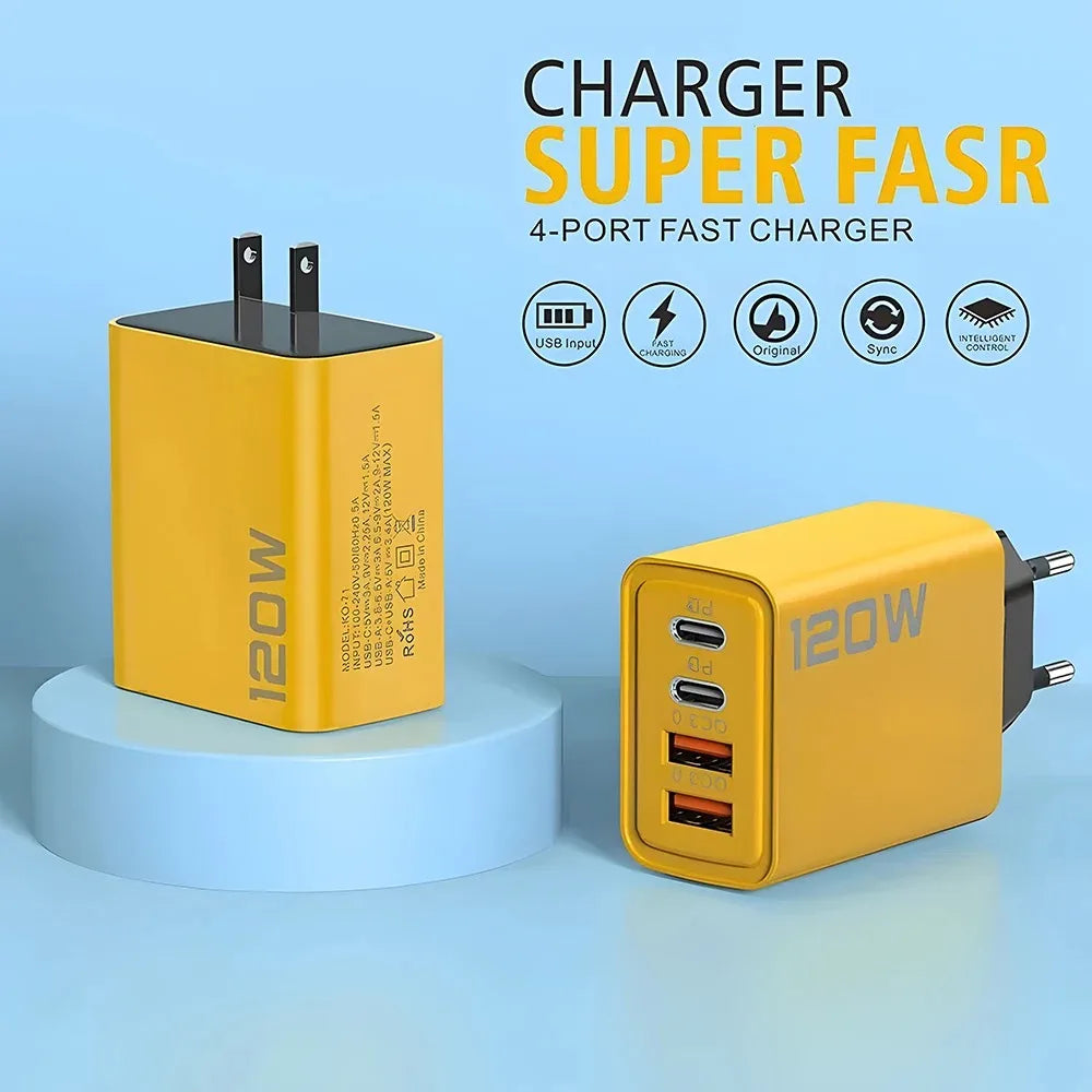 120W 4-Port USB-C Wall Charger - Fast Charging Multi-Device Adapter for iPhone, Samsung Galaxy, Xiaomi, Huawei