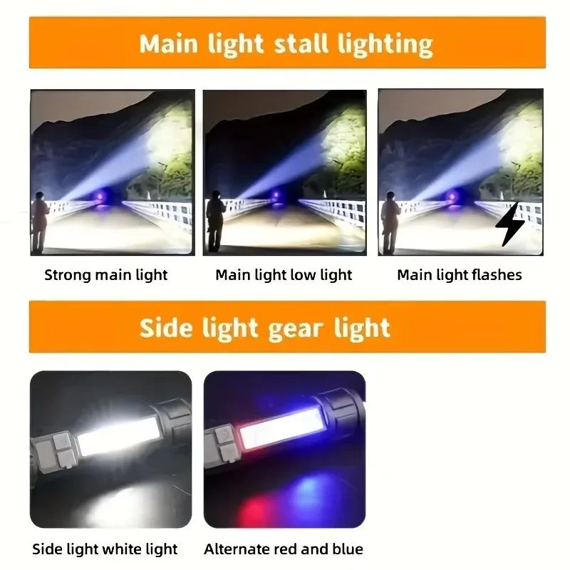 High Power LED Flashlight Powerful TYPE-C Rechargeable COB Flashlight With Side Light Torch For Outdoor Camping Hiking