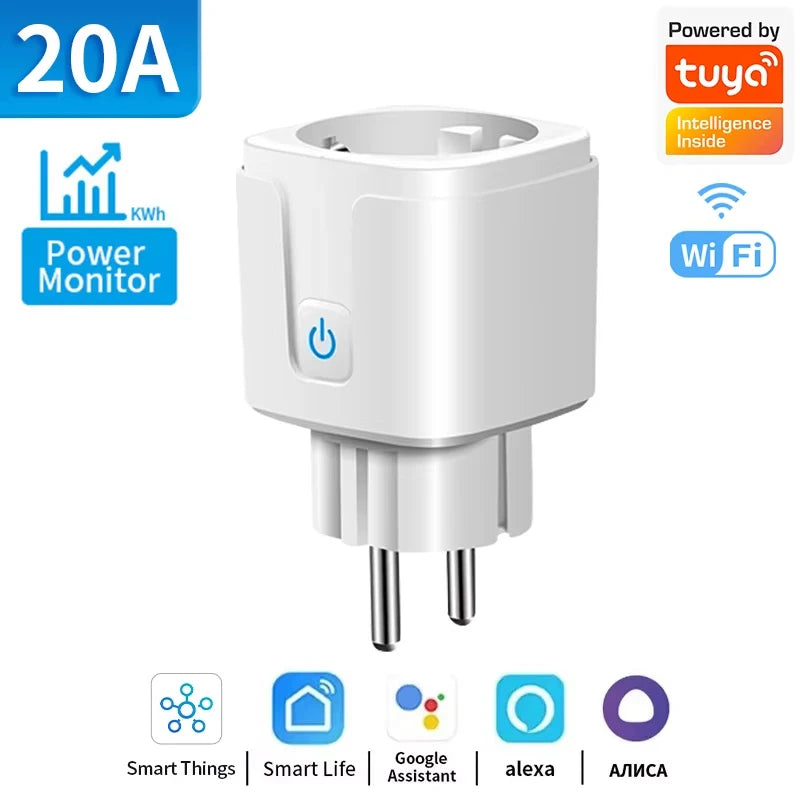 EU Tuya WiFi Smart Plug Socket 16A/20A with Power Monitor Timer Function Remote APP Voice Control Works with Alexa Google Home