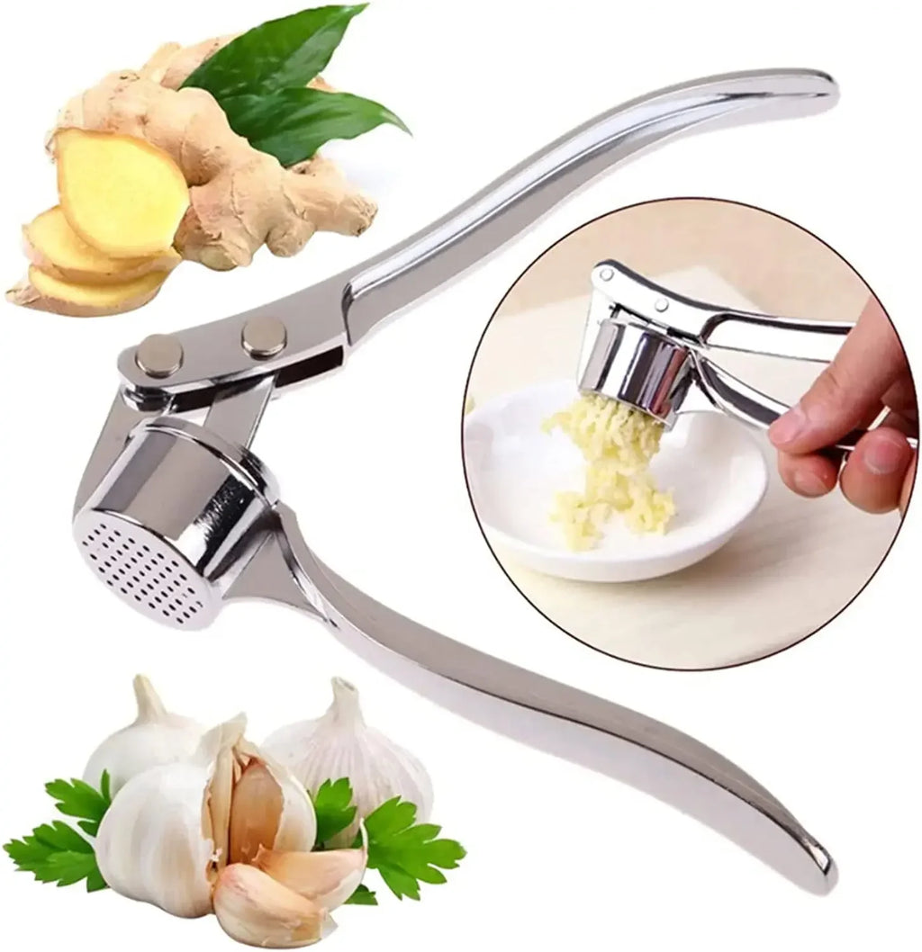 Stainless Steel Garlic Press Mincer with Peeler Cleaning Brush Ginger Tool Kitchen Gadget