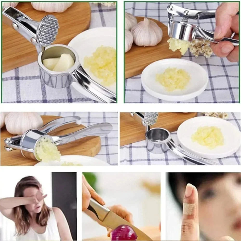 Stainless Steel Garlic Press Mincer with Peeler Cleaning Brush Ginger Tool Kitchen Gadget