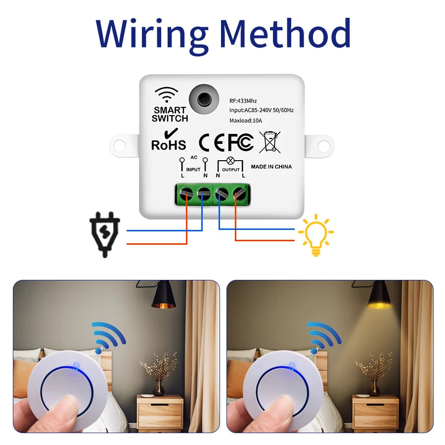 Wireless RF Remote Light Switch 10A Relay Controller Mini Wall Panel for LED Lamps AC100-240V