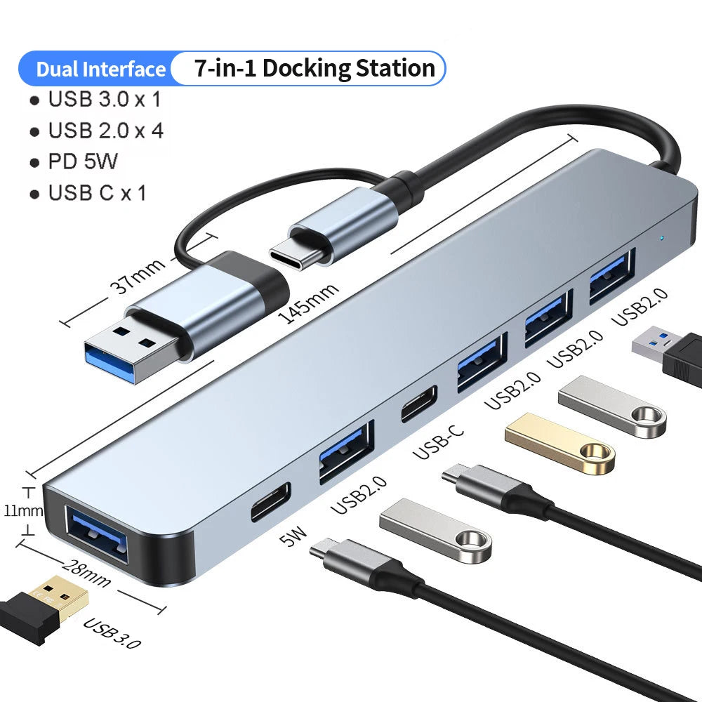 Aluminum 7-in-1 USB C Hub Multiport Adapter with USB 3.0, 4x USB 2.0 Ports, 2x USB C Ports Expander for Laptop MacBook PC