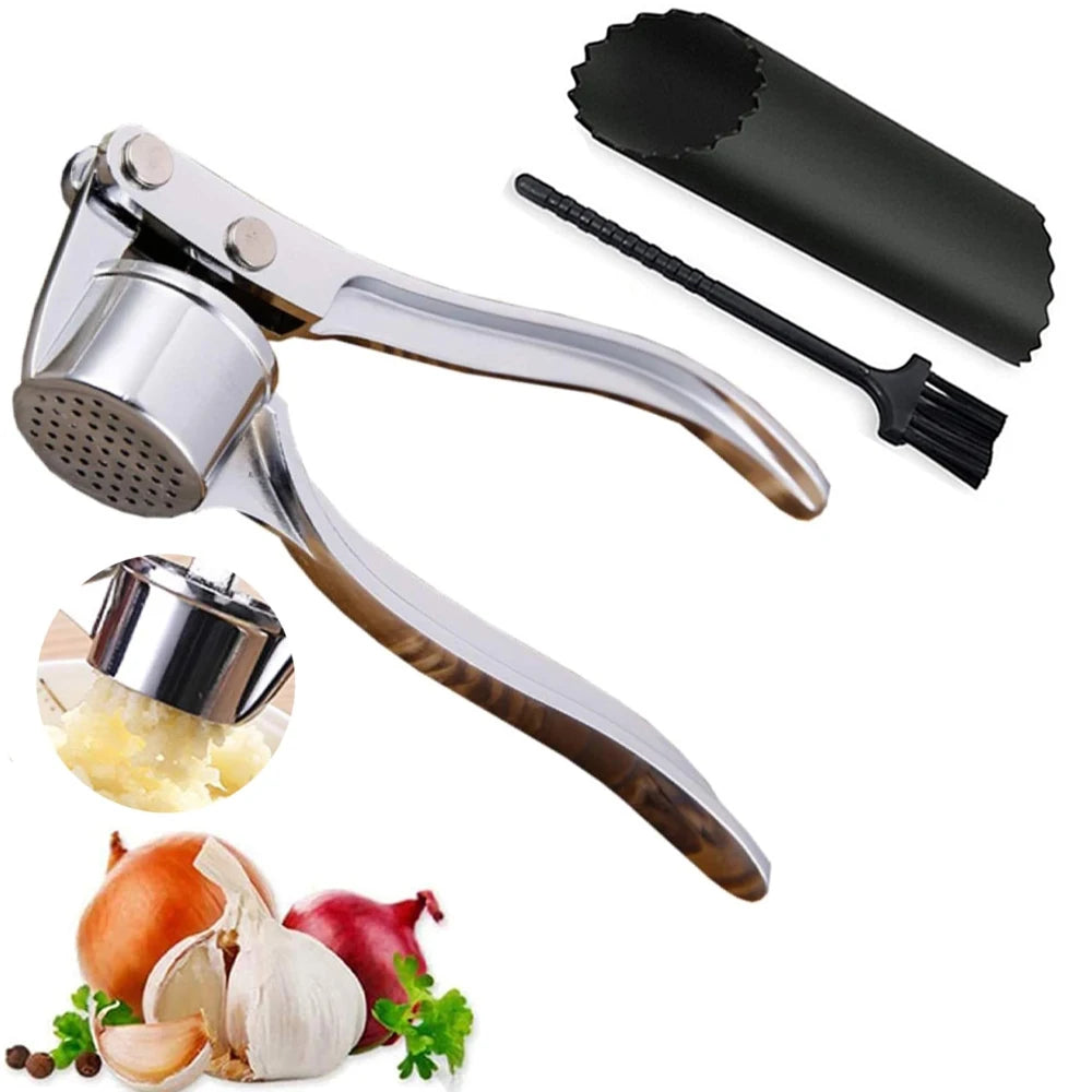 Stainless Steel Garlic Press Mincer with Peeler Cleaning Brush Ginger Tool Kitchen Gadget