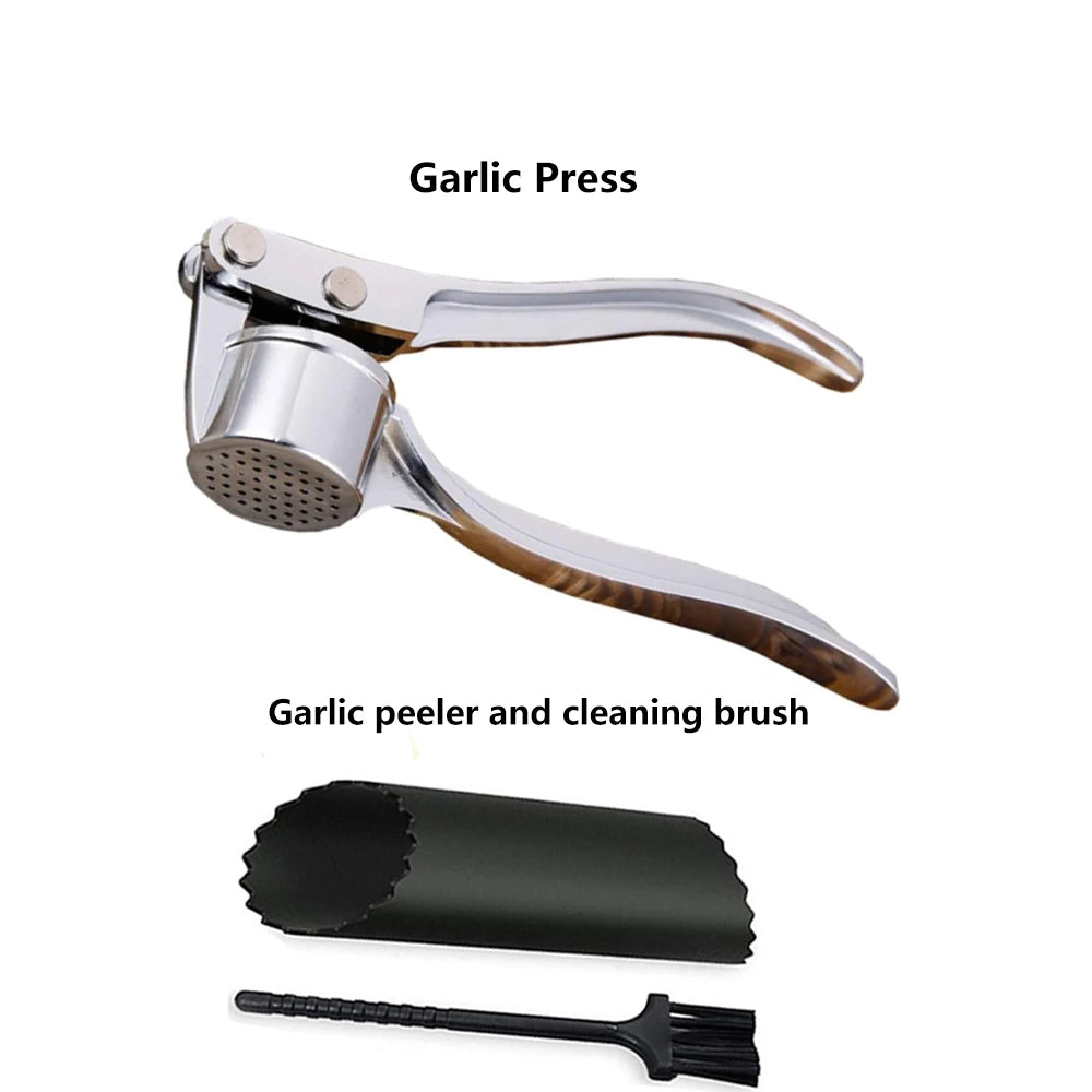 Stainless Steel Garlic Press Mincer with Peeler Cleaning Brush Ginger Tool Kitchen Gadget