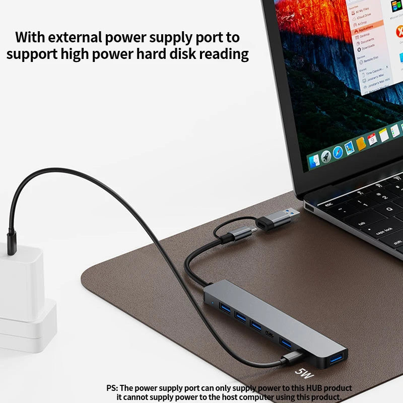 Aluminum 7-in-1 USB C Hub Multiport Adapter with USB 3.0, 4x USB 2.0 Ports, 2x USB C Ports Expander for Laptop MacBook PC