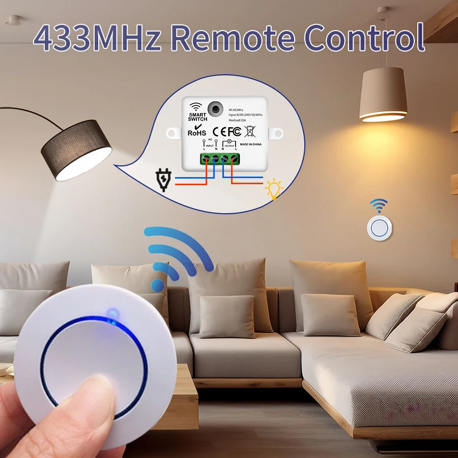 Wireless RF Remote Light Switch 10A Relay Controller Mini Wall Panel for LED Lamps AC100-240V