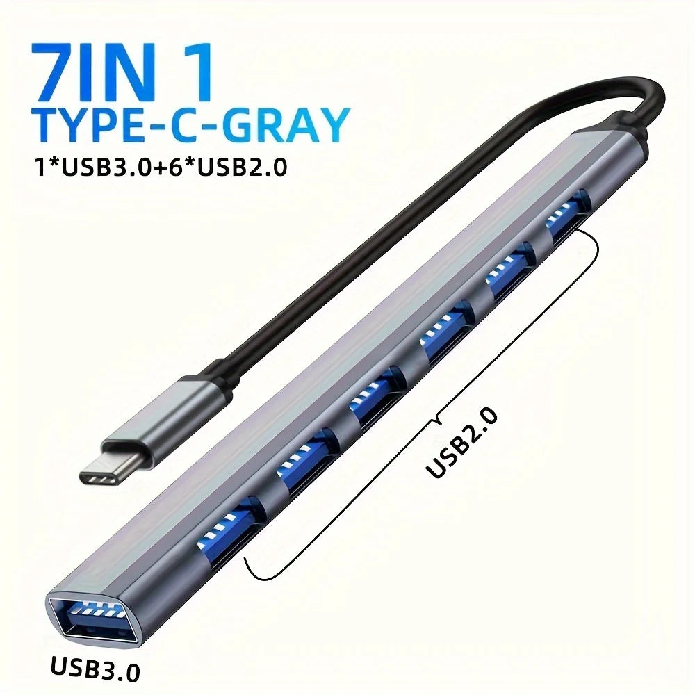 Aluminum 7-in-1 USB C Hub Multiport Adapter with USB 3.0, 4x USB 2.0 Ports, 2x USB C Ports Expander for Laptop MacBook PC