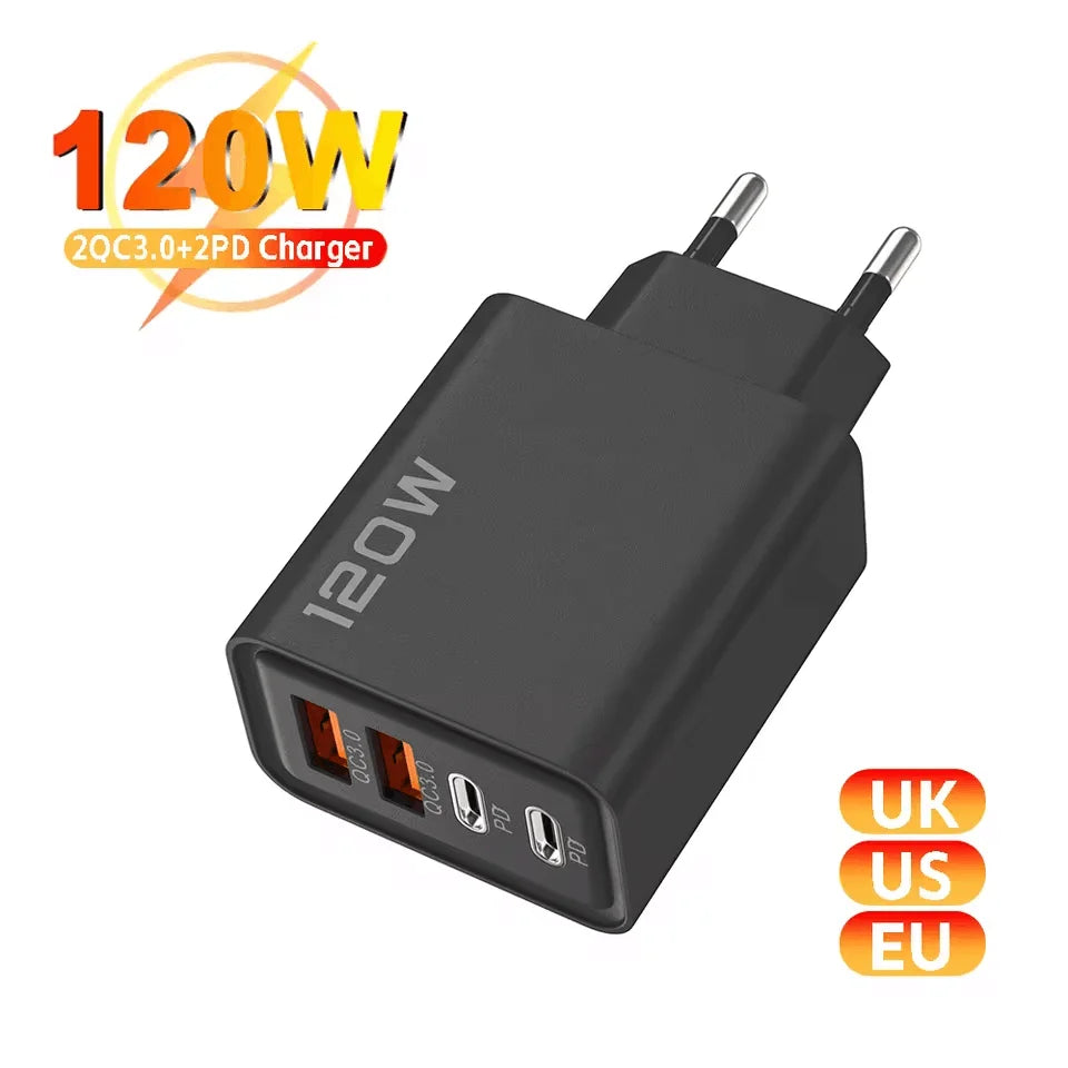 120W 4-Port USB-C Wall Charger - Fast Charging Multi-Device Adapter for iPhone, Samsung Galaxy, Xiaomi, Huawei